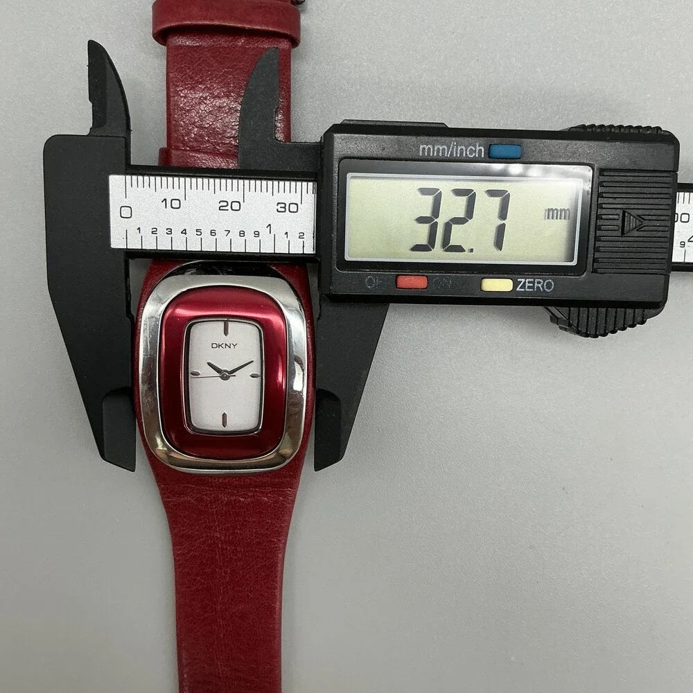 DKNY Womens Watch 33mm Silver Tone White Dial Red Leather Dress Cuff New Battery